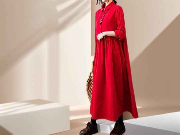 Women's A-Line corduroy dress, Casual Long Sleeves - Try Modest Limited
