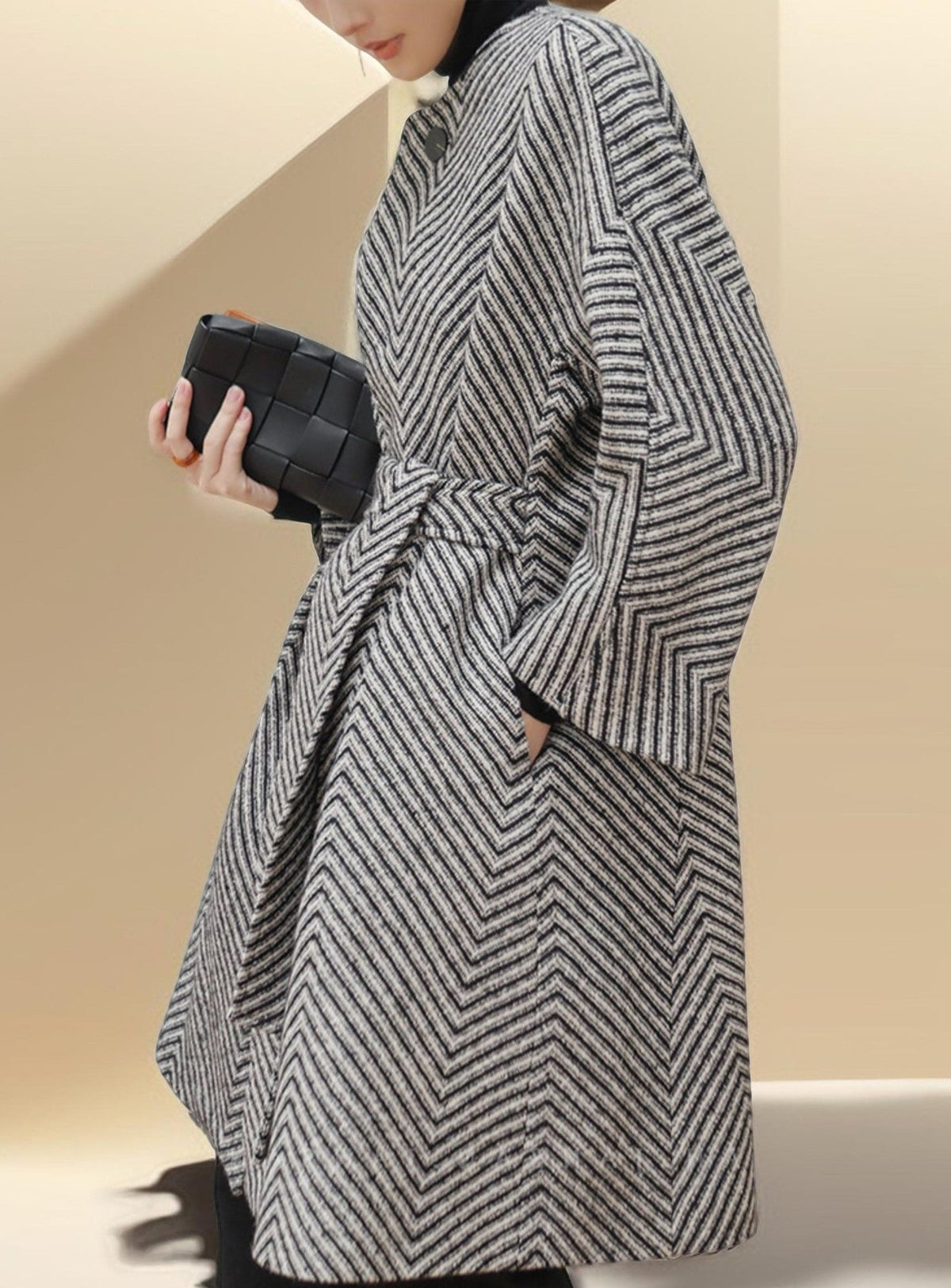 Women's Black and White Zig Zag  Wool Coat - Try Modest Limited