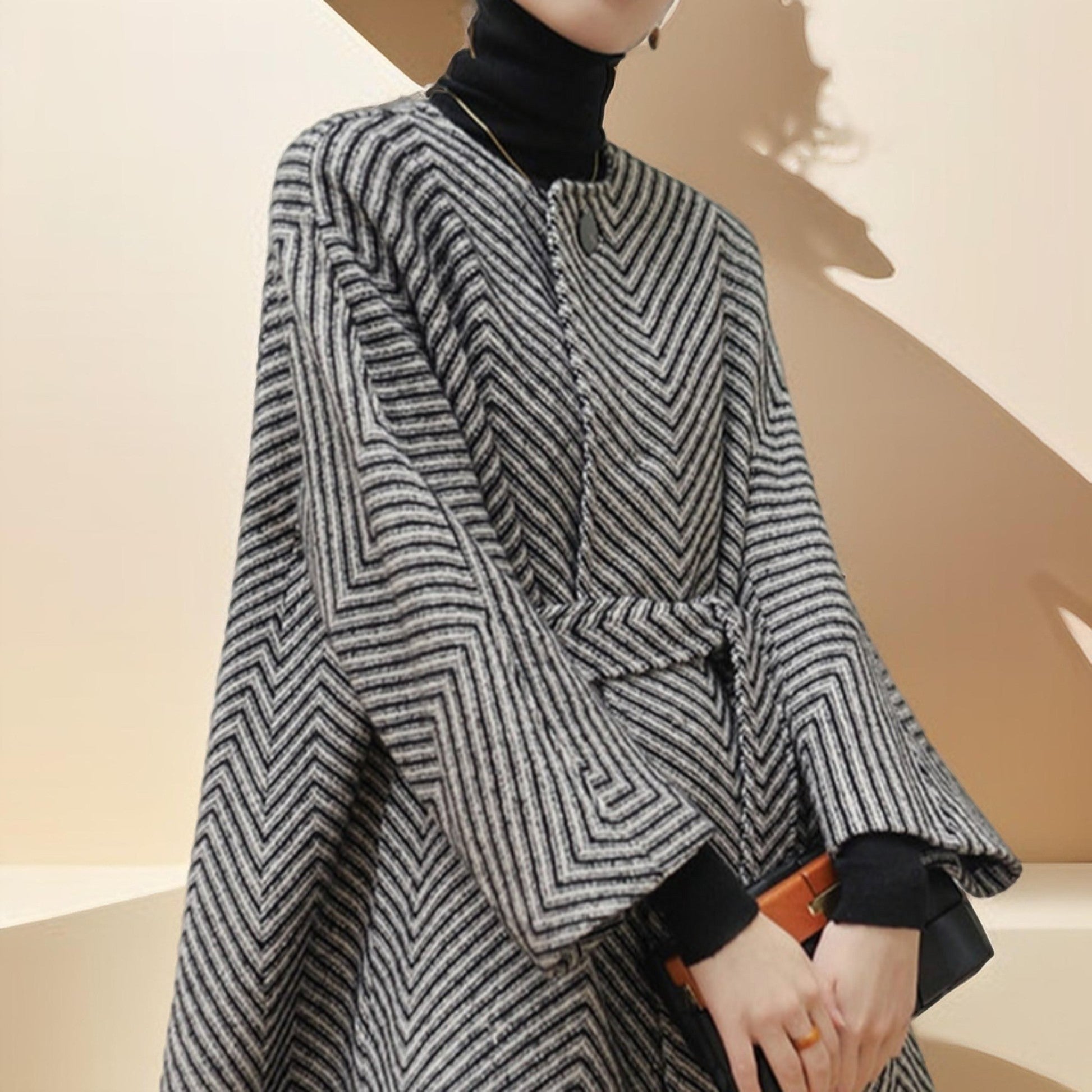 Women's Black and White Zig Zag Wool Coat - Try Modest Limited 