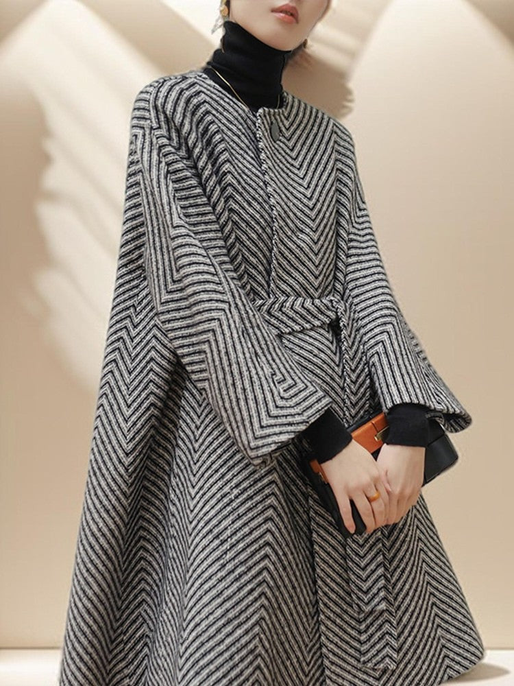 Women's Black and White Zig Zag Wool Coat - Try Modest Limited 