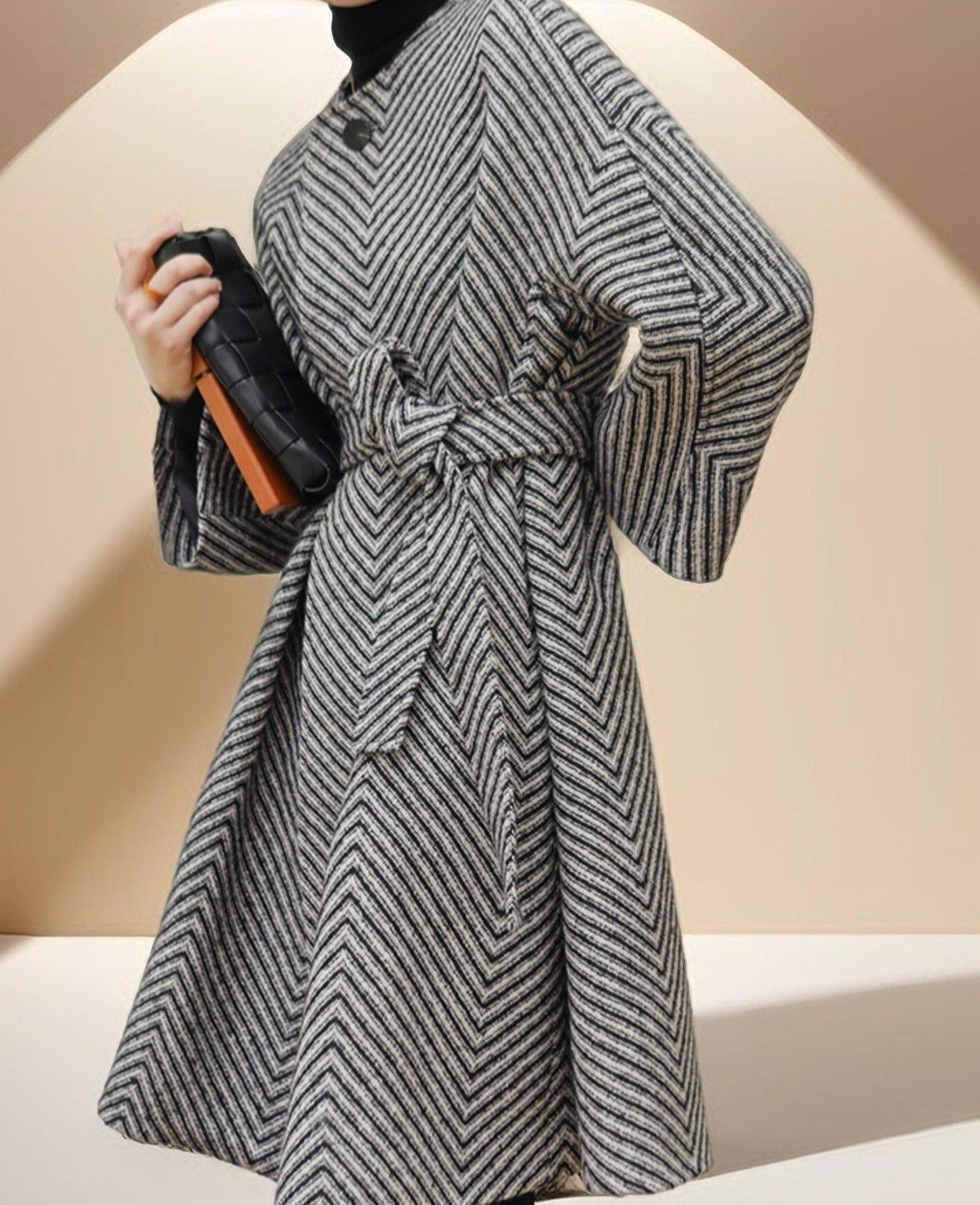 Women's Black and White Zig Zag Wool Coat - Try Modest Limited 