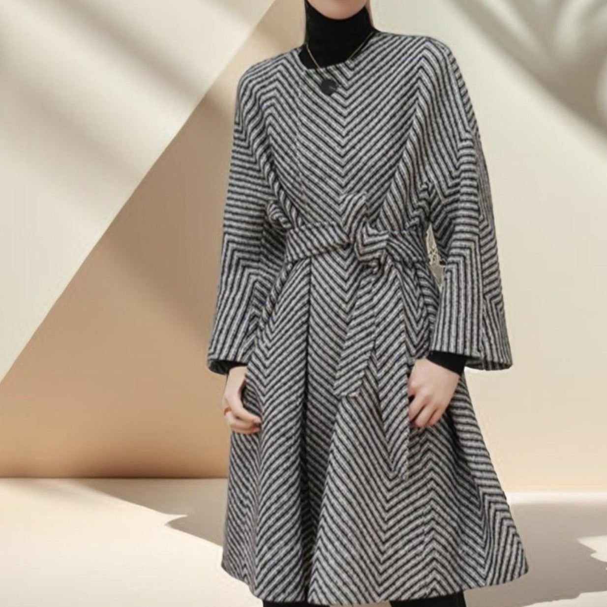 Women's Black and White Zig Zag Wool Coat - Try Modest Limited 