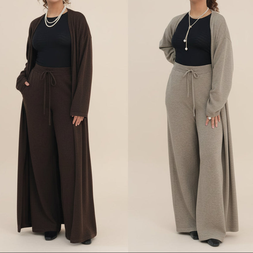 Completo da salotto a coste da donna, 3 pezzi: cardigan e coordinato a gamba larga