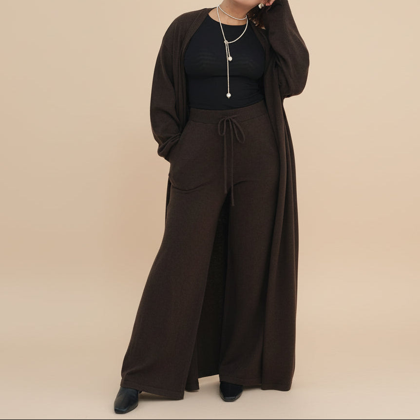 Completo da salotto a coste da donna, 3 pezzi: cardigan e coordinato a gamba larga