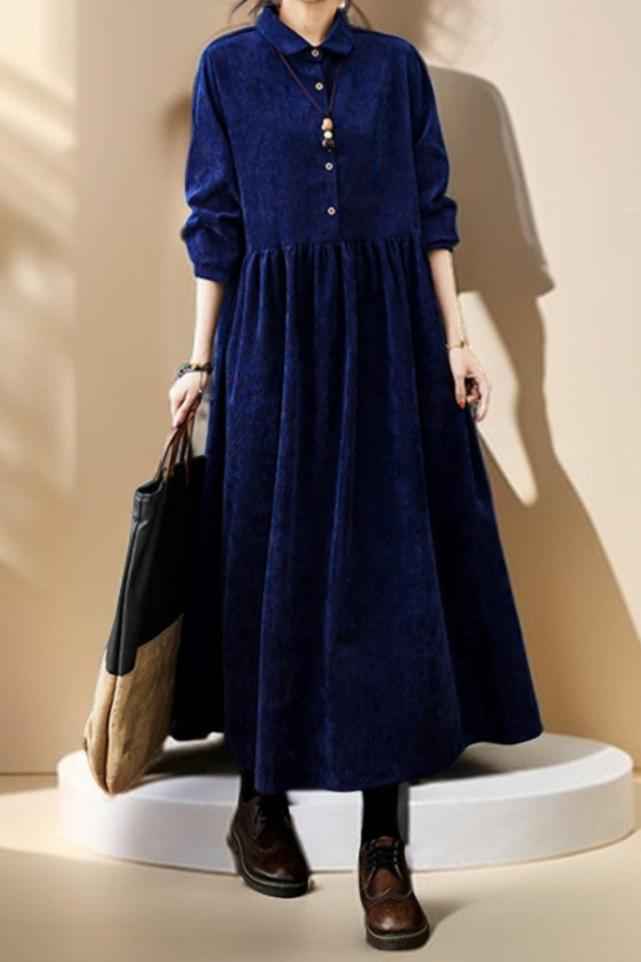 long sleeve corduroy dress women Women's Corduroy Midi Dress Fall Vintage Collared Dress, Long Sleeve Casual Shift Dresses