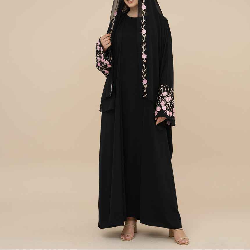 Yalina Floral Embroidered Nida Abaya & Hijab Set