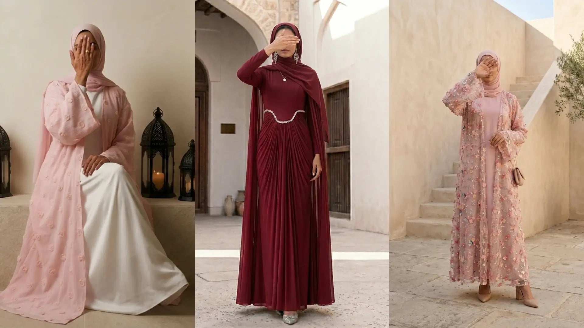 Women wearing elegant Eid abaya modest fashion evening party dresses in a luxury courtyard setting