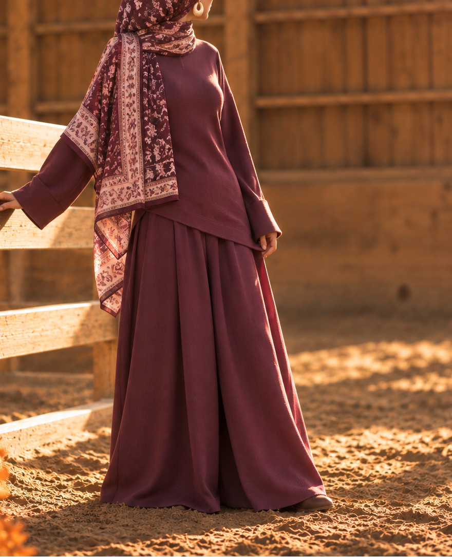 A woman wearing a deep plum-colored modest outfit with a matching patterned hijab stands in profile beside a wooden fence in a sunlit outdoor setting.