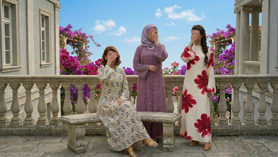Modest fashion models wearing abaya, hijab, and modest dresses in elegant courtyard setting by Try Modest USA Canada