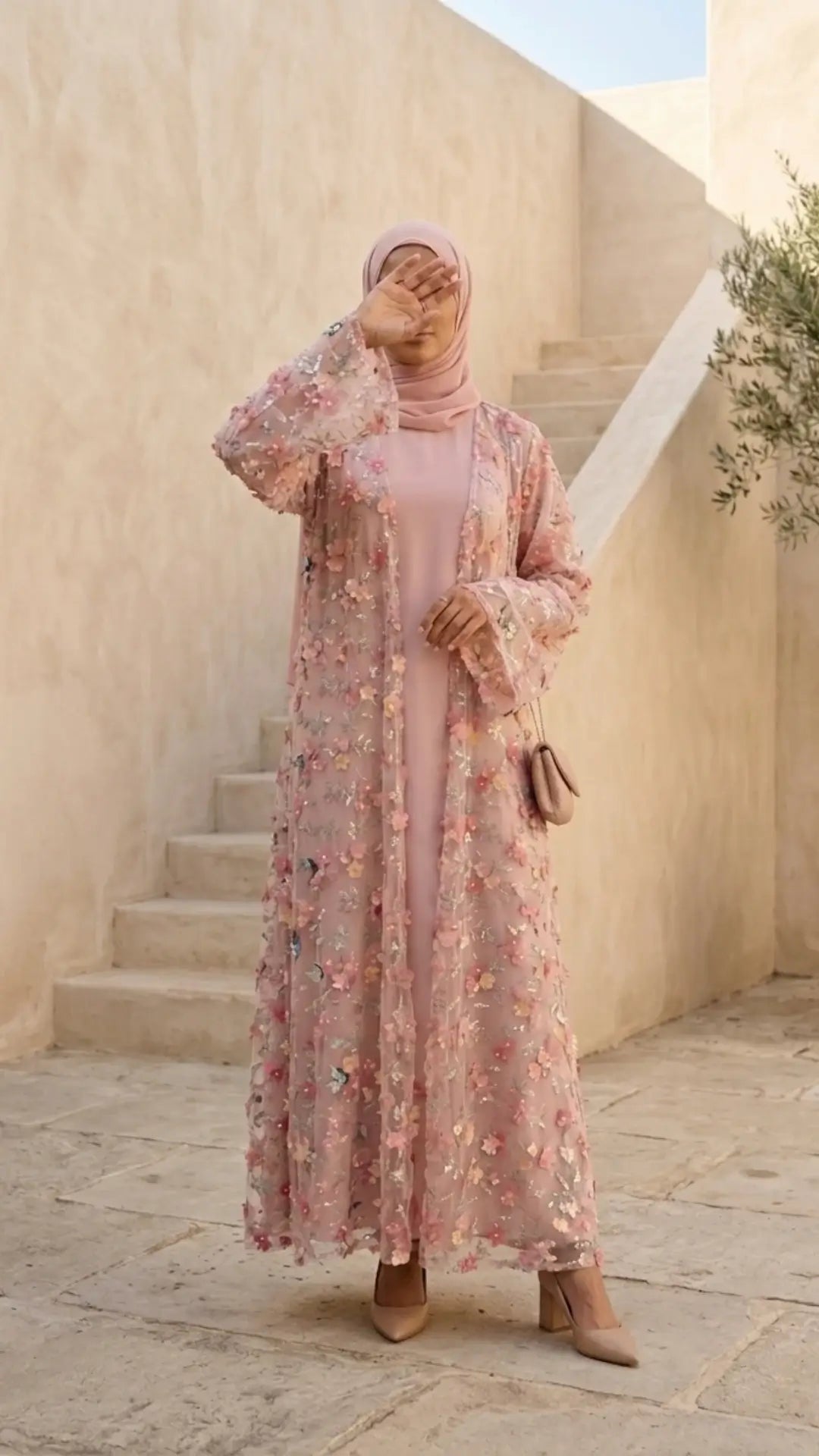Pink floral embroidered Eid abaya modest evening party dress for women