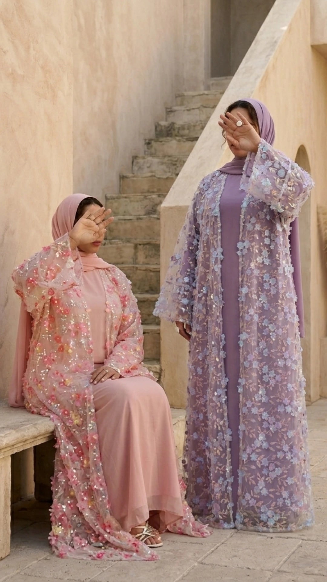 Luxury 3D floral abayas in pastel pink and lavender for Eid by Try Modest