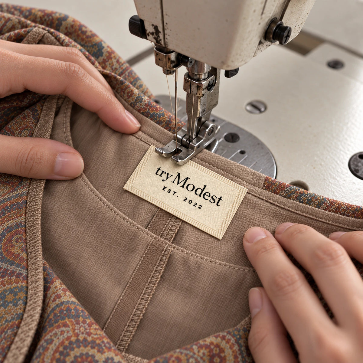 Try Modest woven label being sewn into the inner collar of a Meher pashmina abaya Immagine