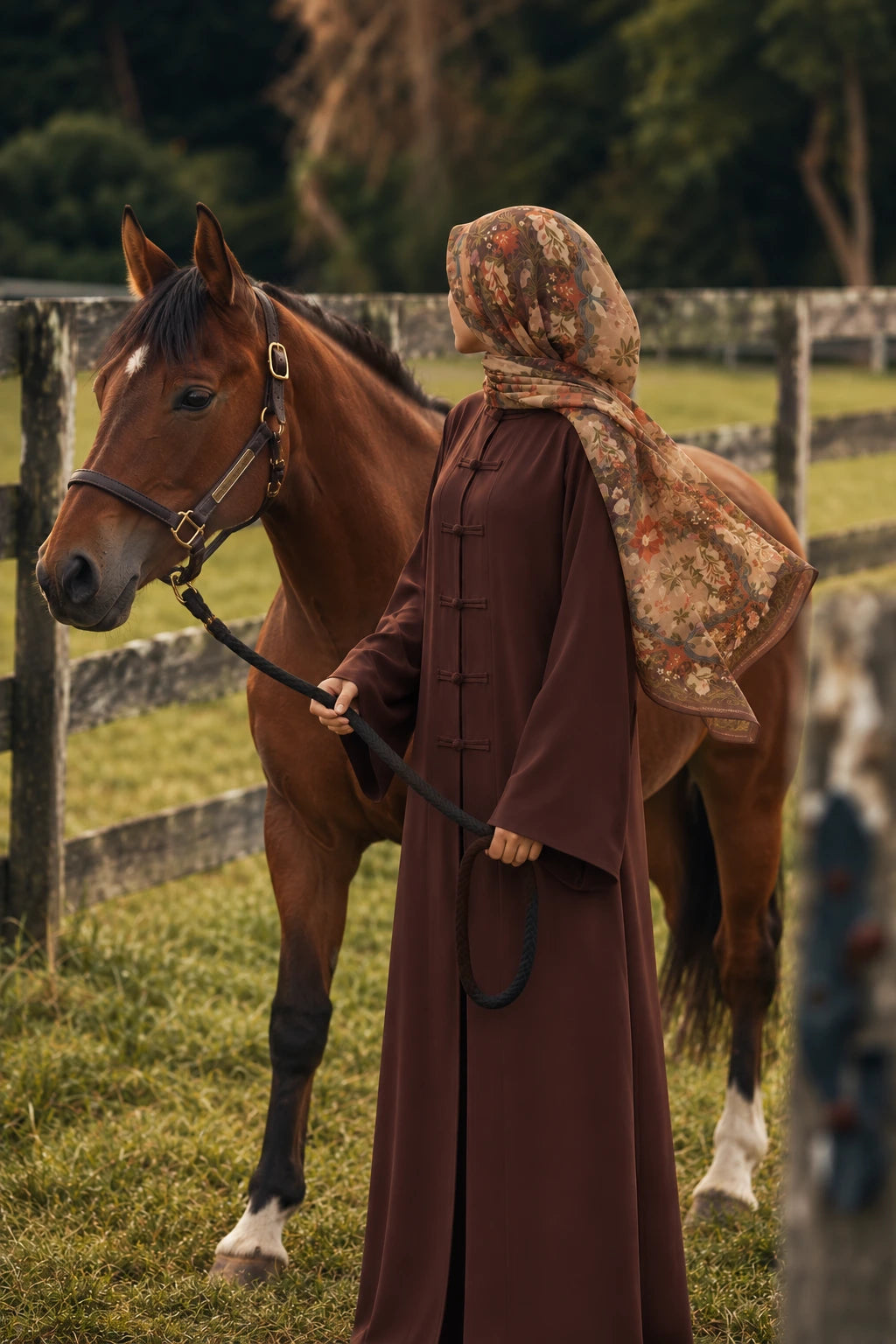Try Modest women's abaya collection featured chocolate brown button-front abaya with floral hijab.