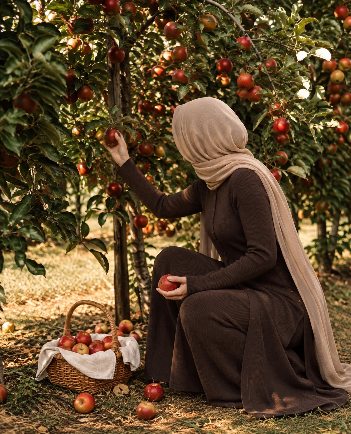 A woman in a brown long-sleeve dress and beige hijab crouches in an apple orchard, reaching for red apples on a tree while holding one. A wicker basket filled with apples sits on the ground nearby.
