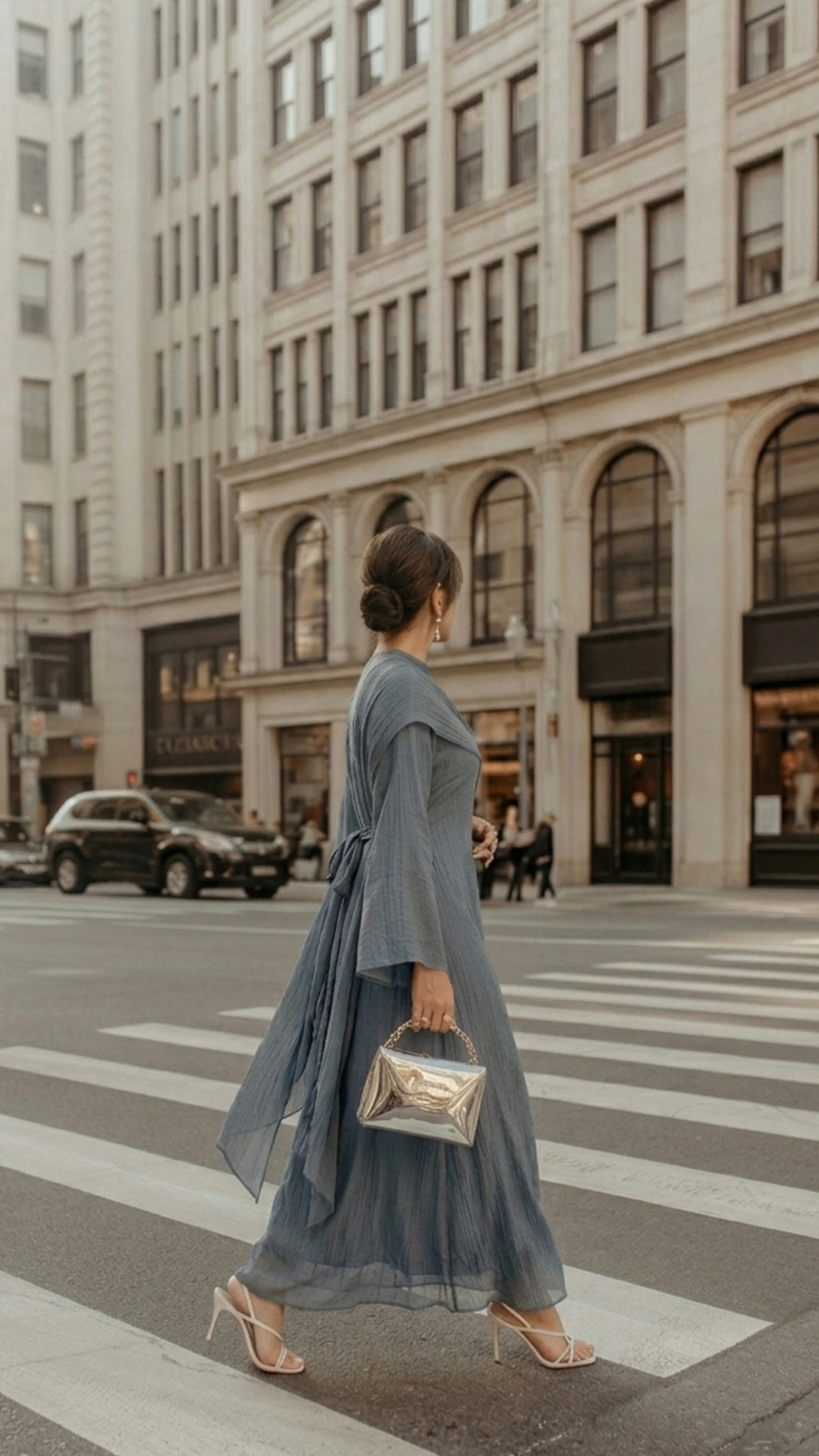 A woman wearing a flowing dusty blue modest maxi dress with long bell sleeves and a silver handbag, walking across a city crosswalk.