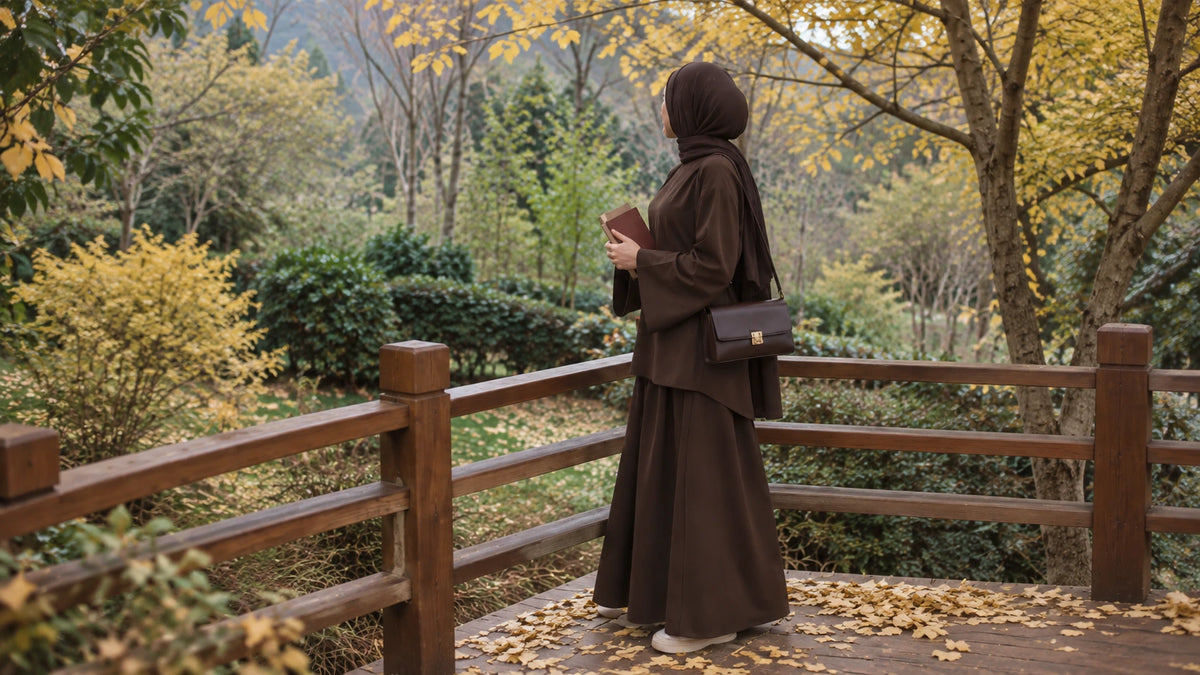 Woman wearing a brown Try Modest co-ord set and hijab for fall