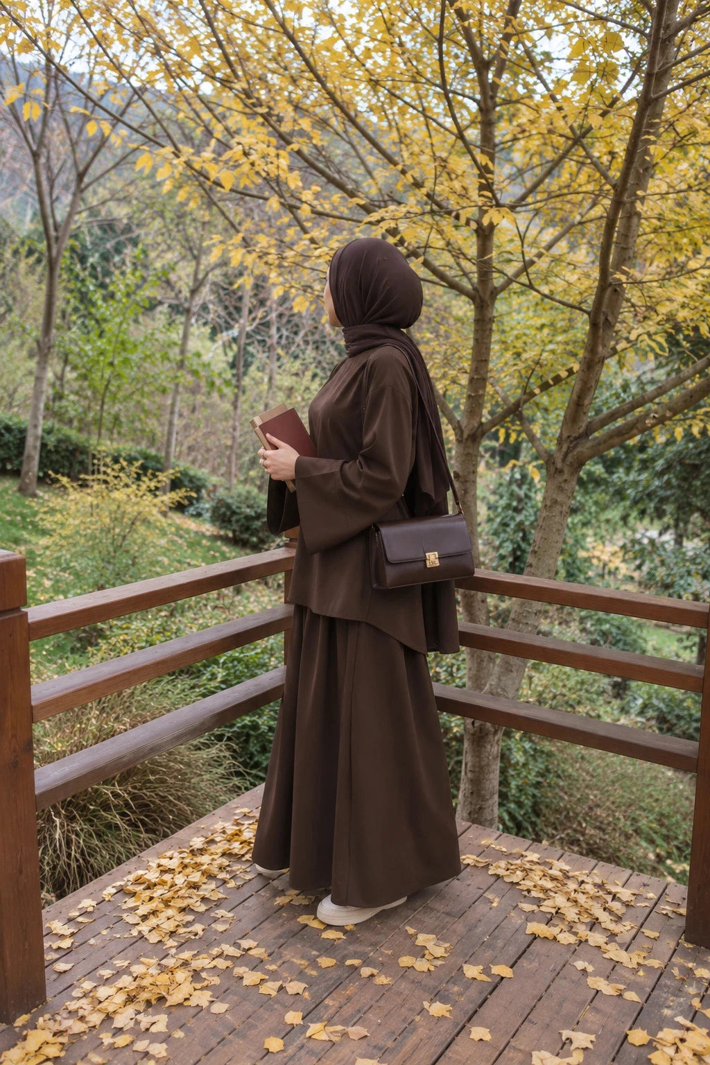 Woman wearing a brown Try Modest co-ord set and hijab for fall