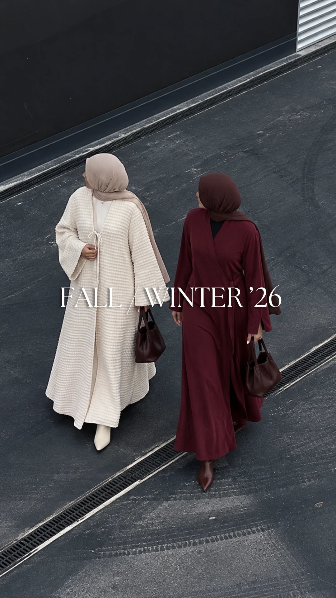 Try Modest Fall/Winter 2026 modest fashion collection featuring two hijabi models wearing a cream textured maxi cardigan and burgundy abaya, styled with matching hijabs, boots and handbags.