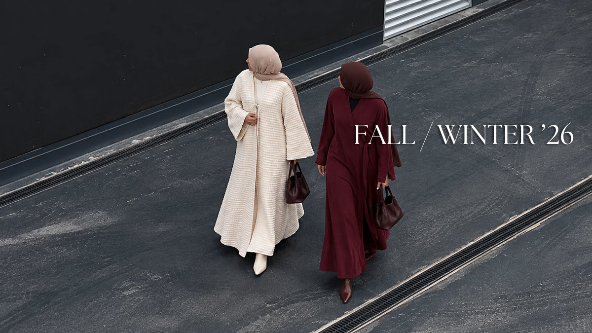 Try Modest Fall/Winter 2026 modest fashion collection featuring two hijabi models wearing a cream textured maxi cardigan and burgundy abaya, styled with matching hijabs, boots and handbags.