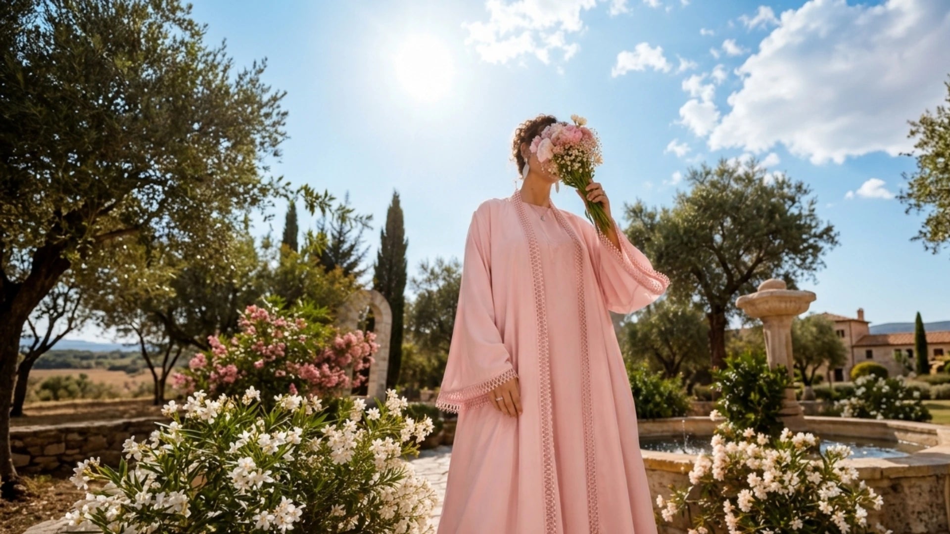 A model wearing a Try Modest burgundy maroon matching two piece co-ord set with a neutral beige hijab and flat sandals from the summer collection.
