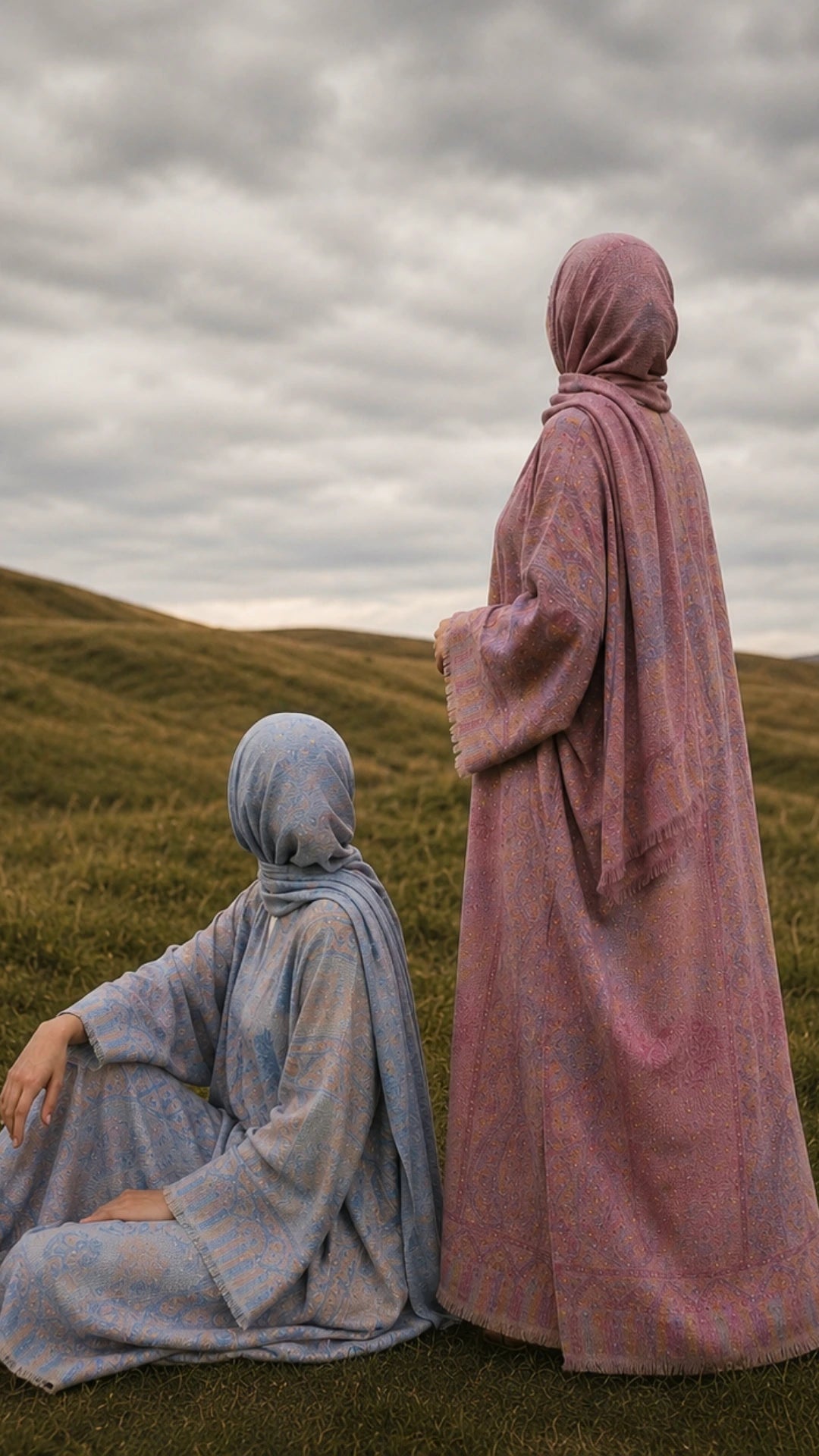 Pashmina abaya and hijab sets worn by two women in a scenic meadow