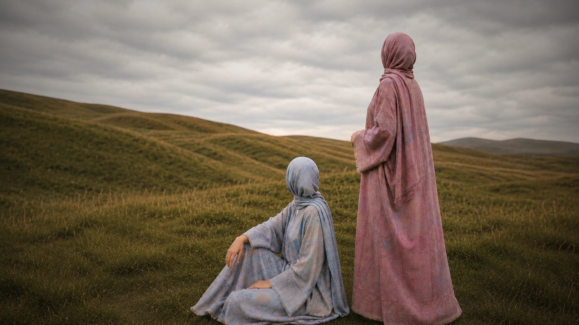 Pashmina abaya and hijab sets worn by two women in a scenic meadow