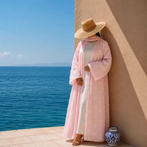 A rear view of a woman standing by the sea in a soft pink open abaya and straw hat, styled by Try Modest for elegant modest fashion.