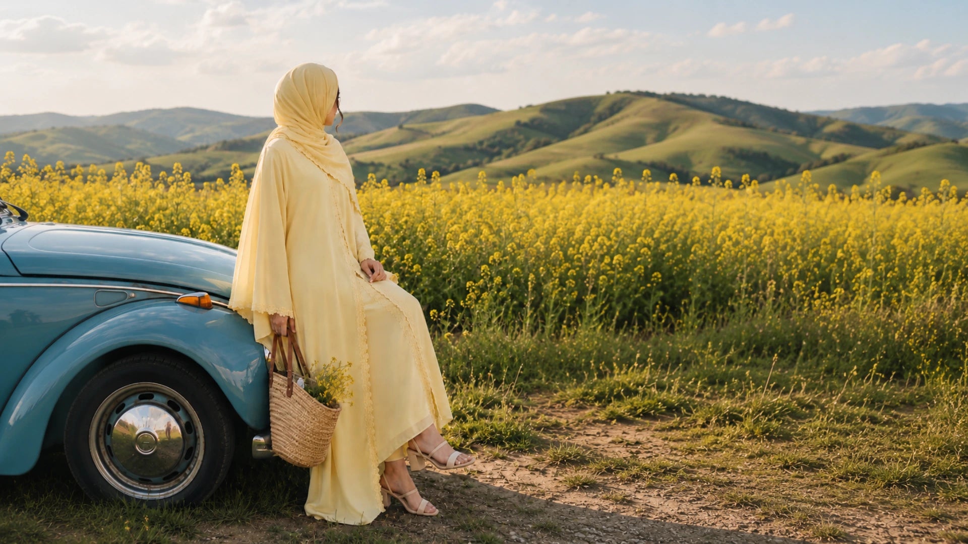 Woman wearing a yellow abaya and matching hijab beside a vintage car in a summer flower field