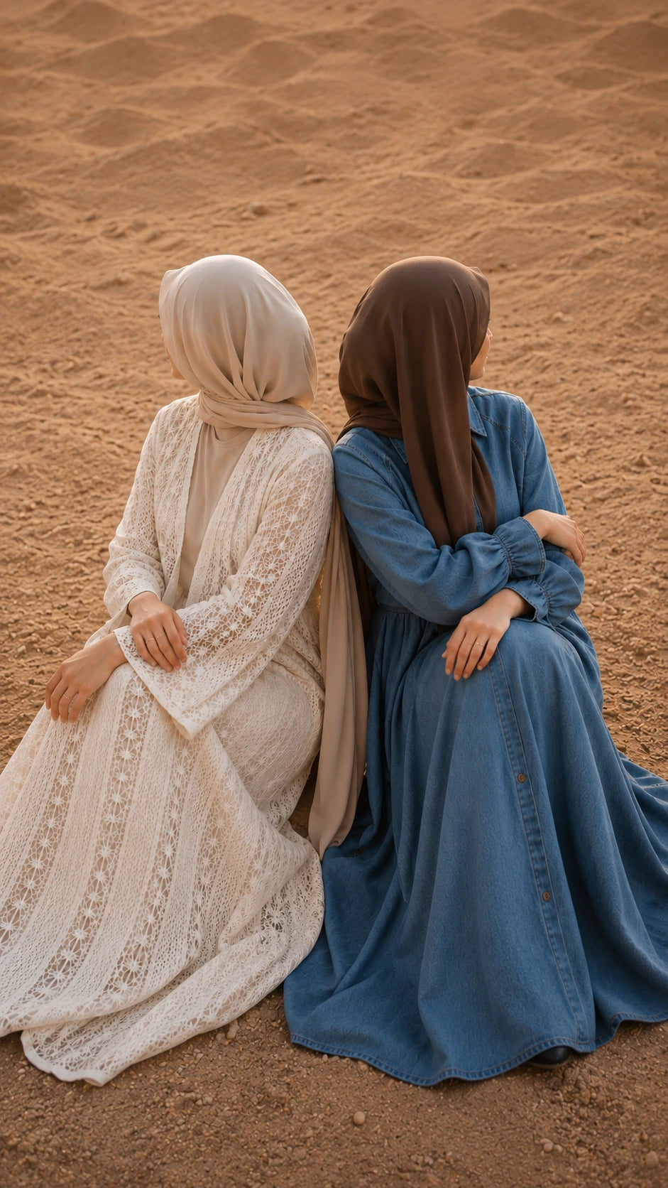 Two women sitting side by side on sand, viewed from behind. One wears a cream-colored lace abaya and beige hijab, and the other wears a blue abaya with a brown hijab.