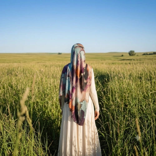 Back view of a woman standing in a green field wearing a lightweight, premium watercolor floral printed hijab over a cream modest wear outfit by Try Modest.