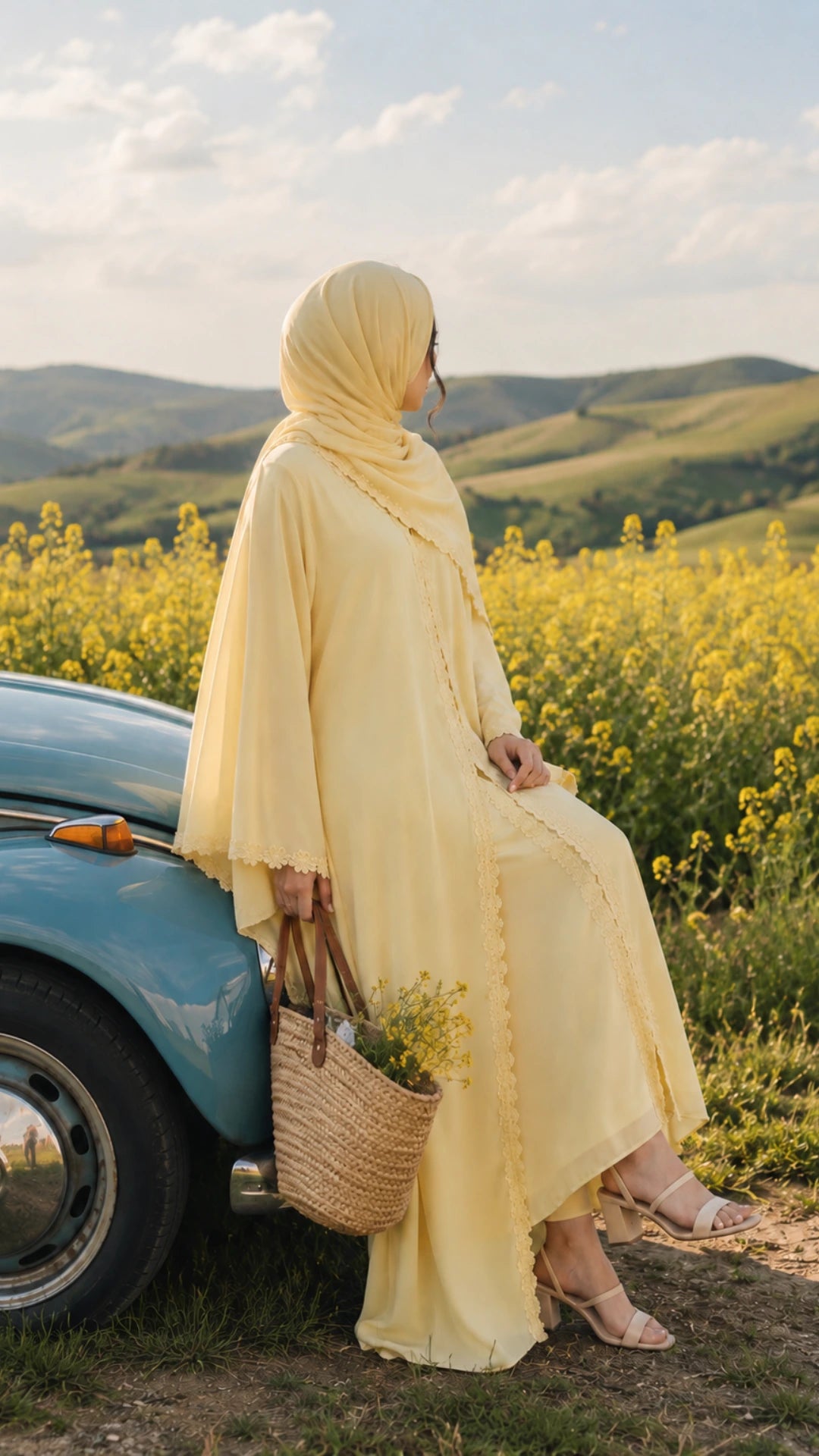 Woman wearing a yellow abaya and matching hijab beside a vintage car in a summer flower field