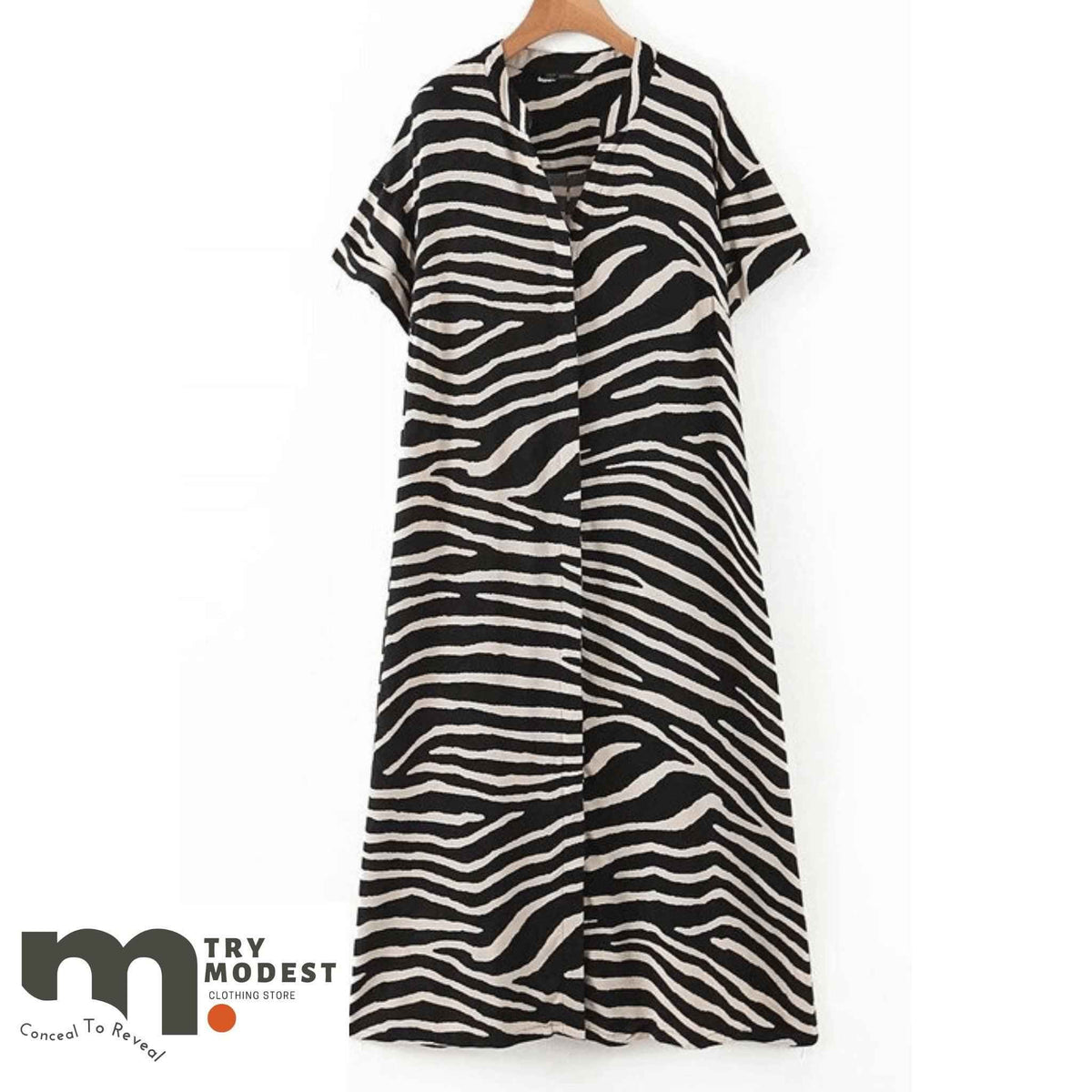 Beautiful V Neck black and white striped dress - Try Modest Limited