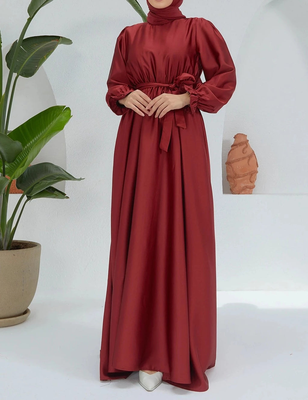 Belted satin evening dress - Try Modest Limited