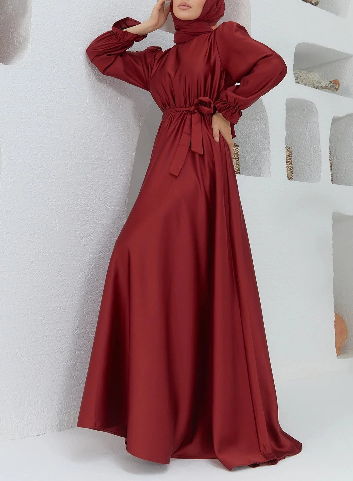 Belted satin evening dress - Try Modest Limited
