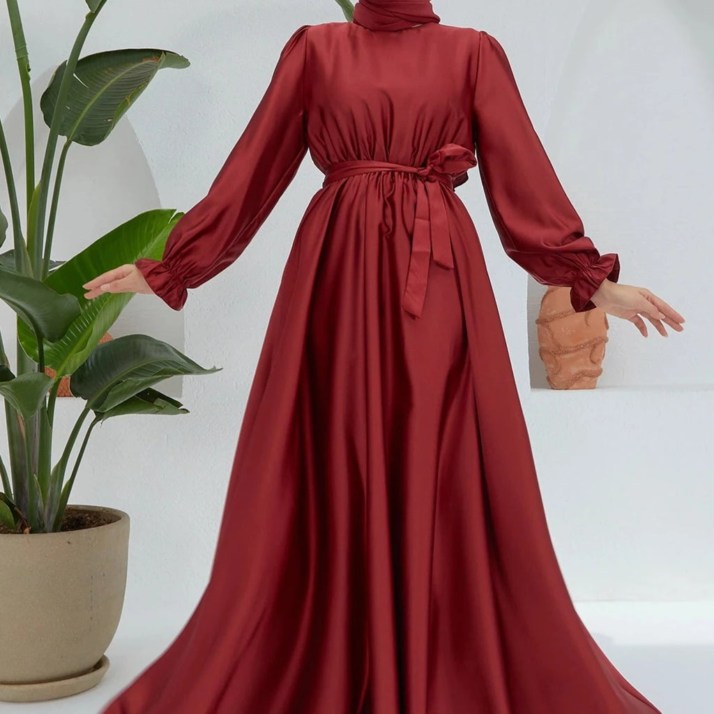 Belted satin evening dress - Try Modest Limited