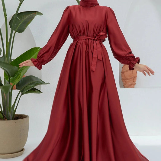 Belted satin evening dress - Try Modest Limited 