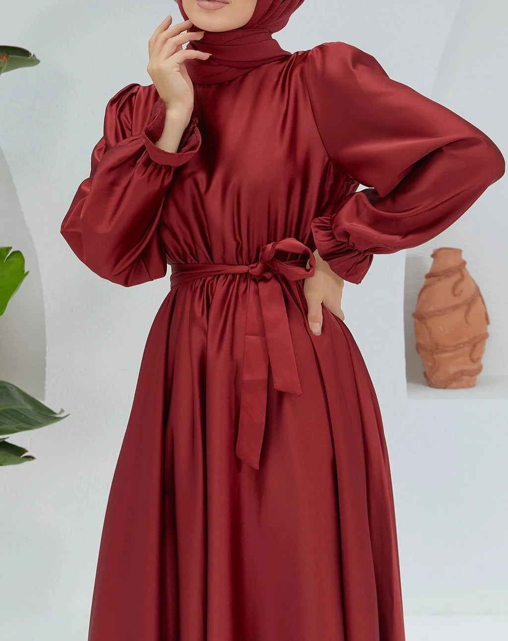 Belted satin evening dress - Try Modest Limited