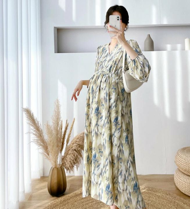 long maternity dresses for pictures Custom Ink Blue Ruffled Long Sleeves Maternity Photoshoot Gown