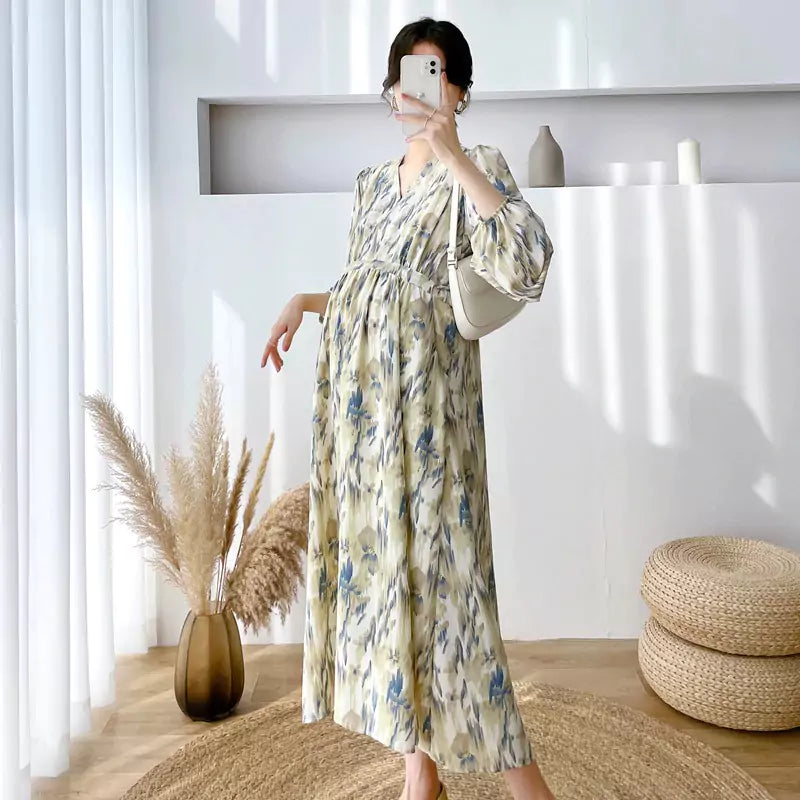 maternity long dresses casual Women's Maternity V Neck Wrap Maxi Summer Dress Short Sleeve Boho Casual Nursing Dresses