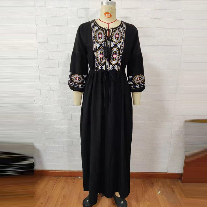 Bohemian style V-Neck Holiday embroidered dresses - Try Modest Limited