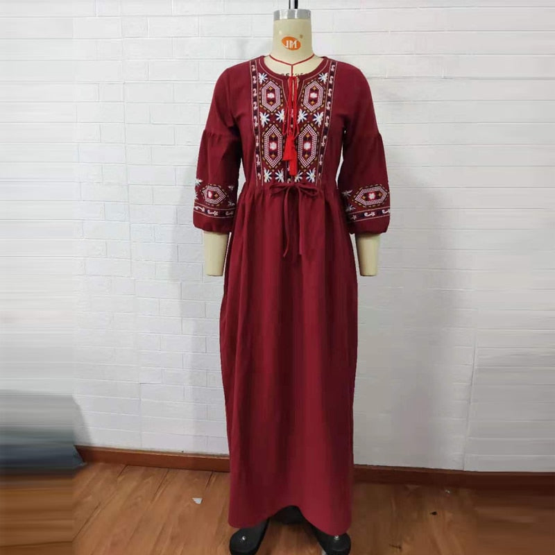 Bohemian style V-Neck Holiday embroidered dresses - Try Modest Limited