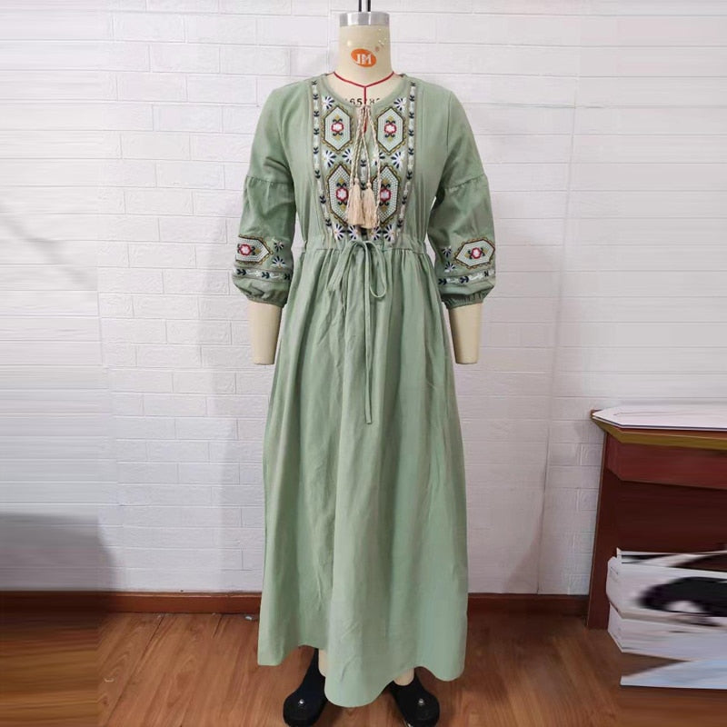 Bohemian style V-Neck Holiday embroidered dresses - Try Modest Limited