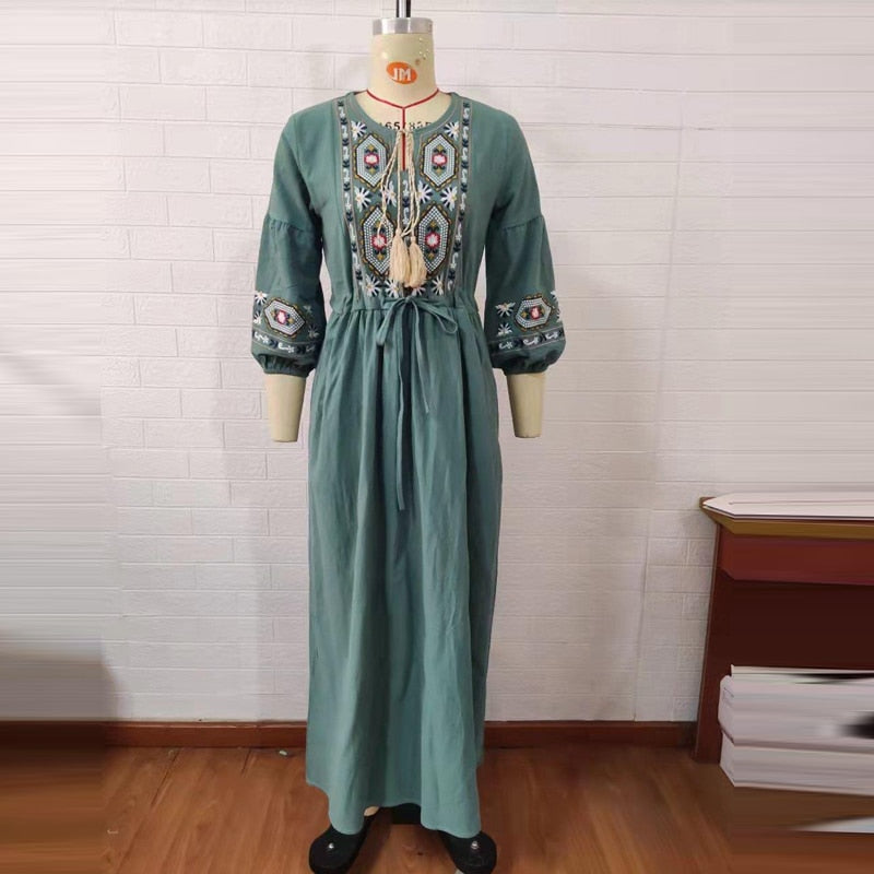 Bohemian style V-Neck Holiday embroidered dresses - Try Modest Limited