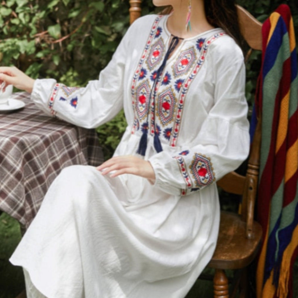 Bohemian style V-Neck Holiday embroidered dresses - Try Modest Limited