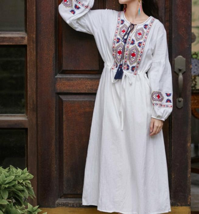 Bohemian style V-Neck Holiday embroidered dresses - Try Modest Limited