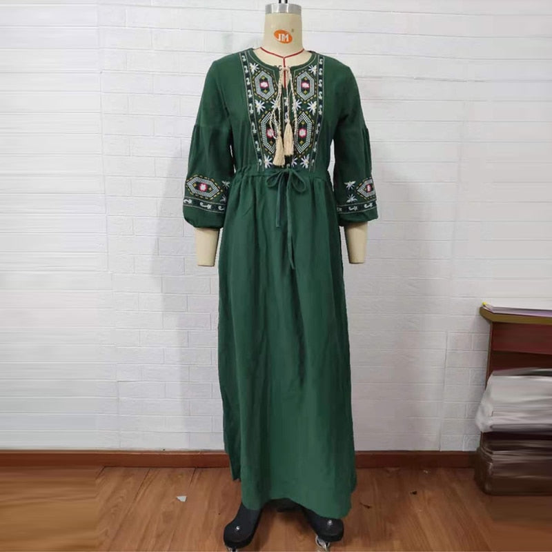 Bohemian style V-Neck Holiday embroidered dresses - Try Modest Limited