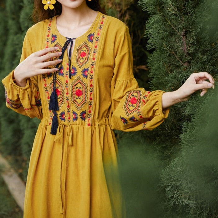 Bohemian style V-Neck Holiday embroidered dresses - Try Modest Limited