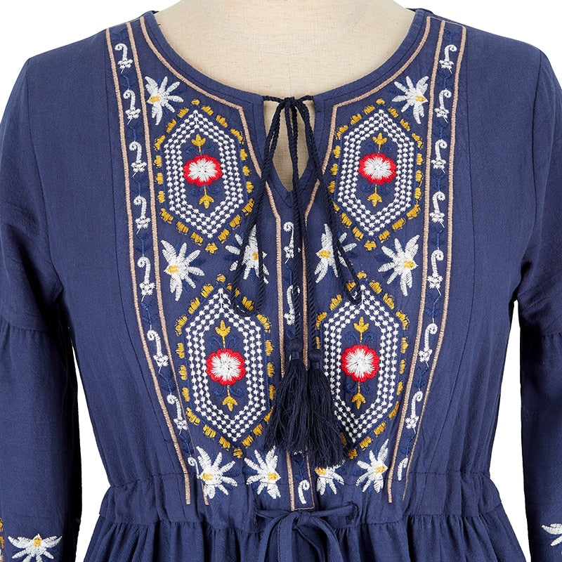 Bohemian style V-Neck Holiday embroidered dresses - Try Modest Limited