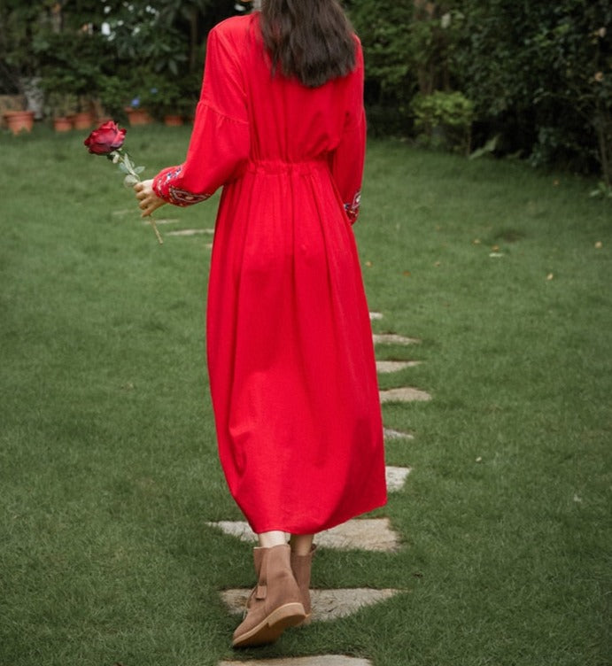 Bohemian style V-Neck Holiday embroidered dresses - Try Modest Limited