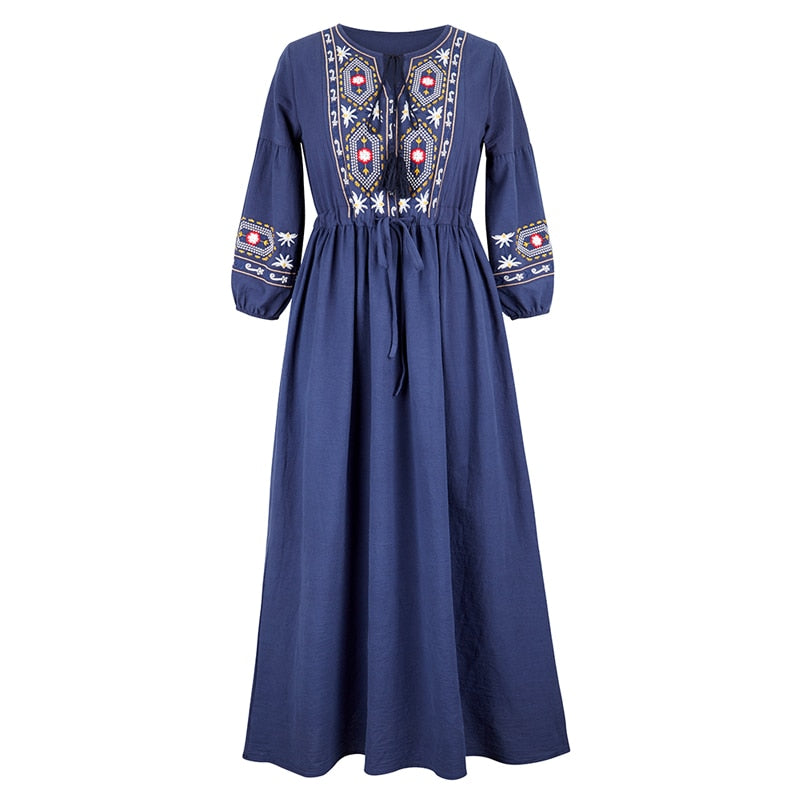 Bohemian style V-Neck Holiday embroidered dresses - Try Modest Limited